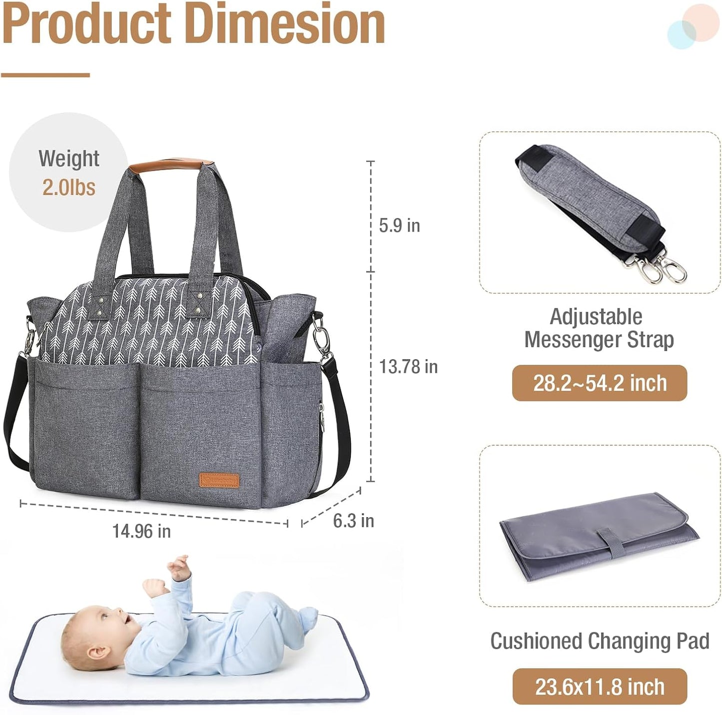 Baby Nappy Changing Bag Satchel Messenger Large Capacity, Arrow Print, Grey