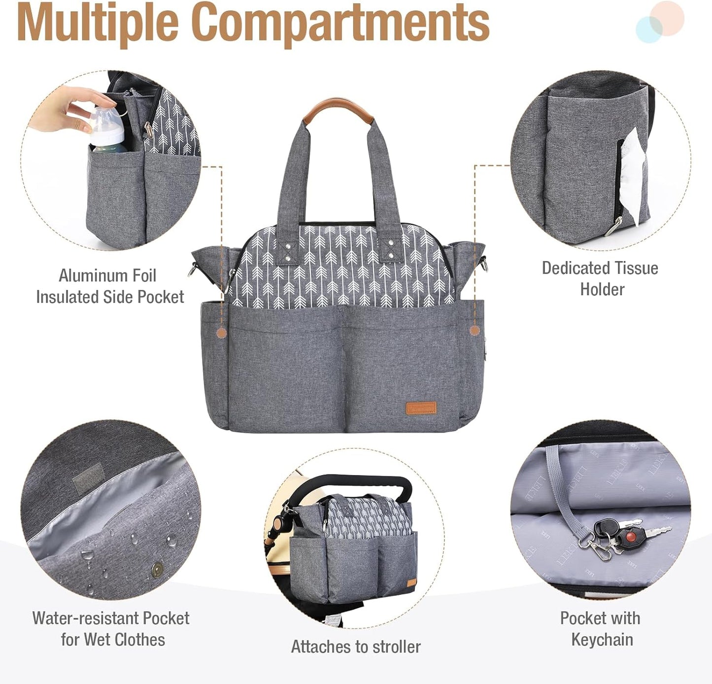 Baby Nappy Changing Bag Satchel Messenger Large Capacity, Arrow Print, Grey