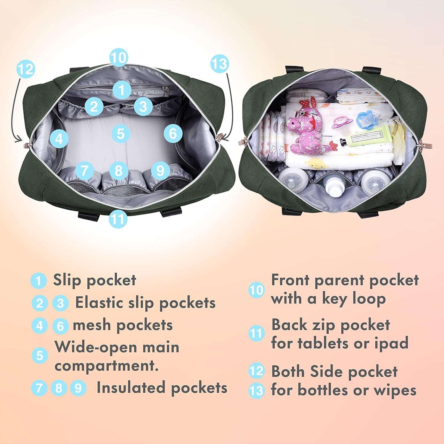 Baby Changing Bag, Large Nappy Bags for Mom and Dad, Stylish Travel Tote with Pacifier Holder and Changing Mat