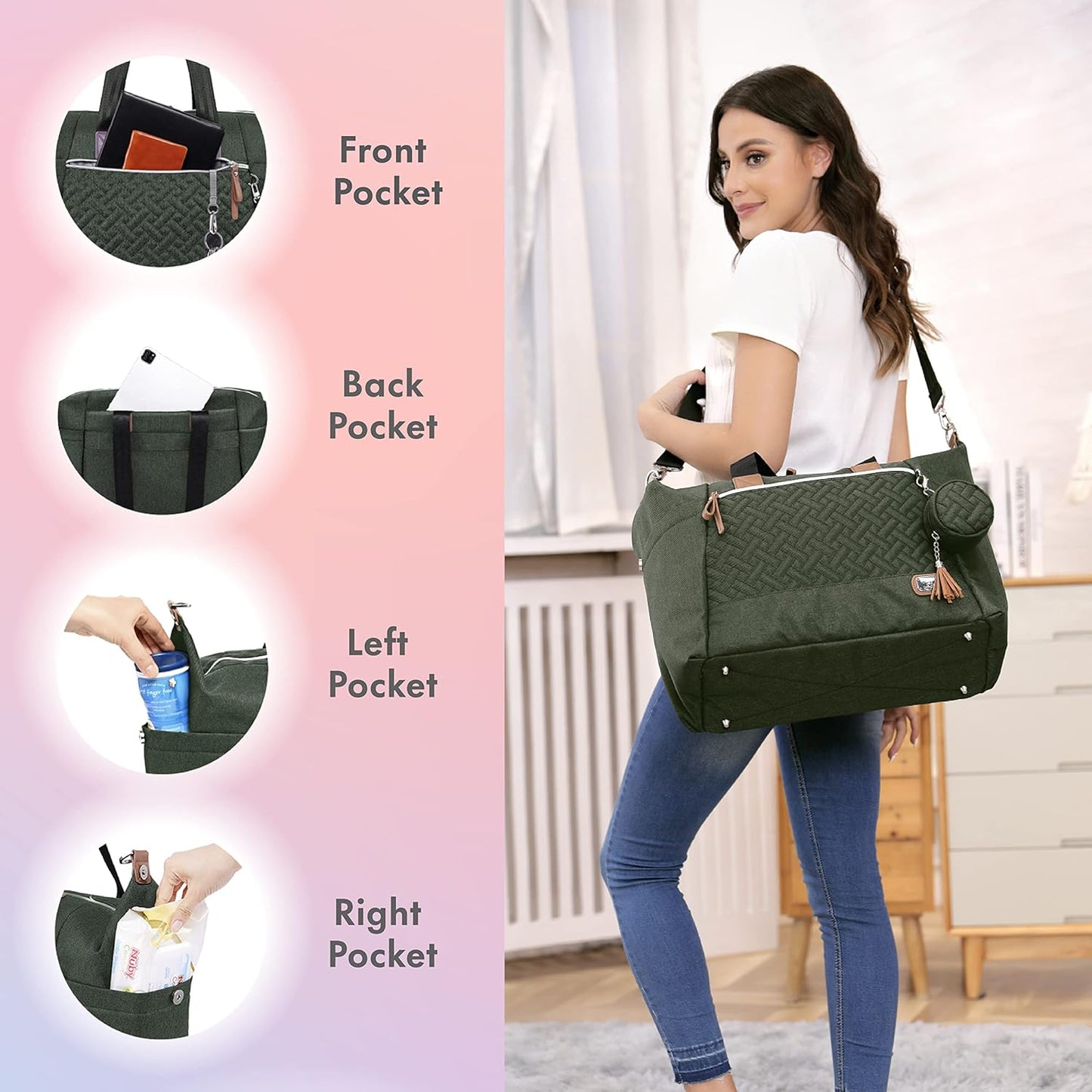 Baby Changing Bag, Large Nappy Bags for Mom and Dad, Stylish Travel Tote with Pacifier Holder and Changing Mat