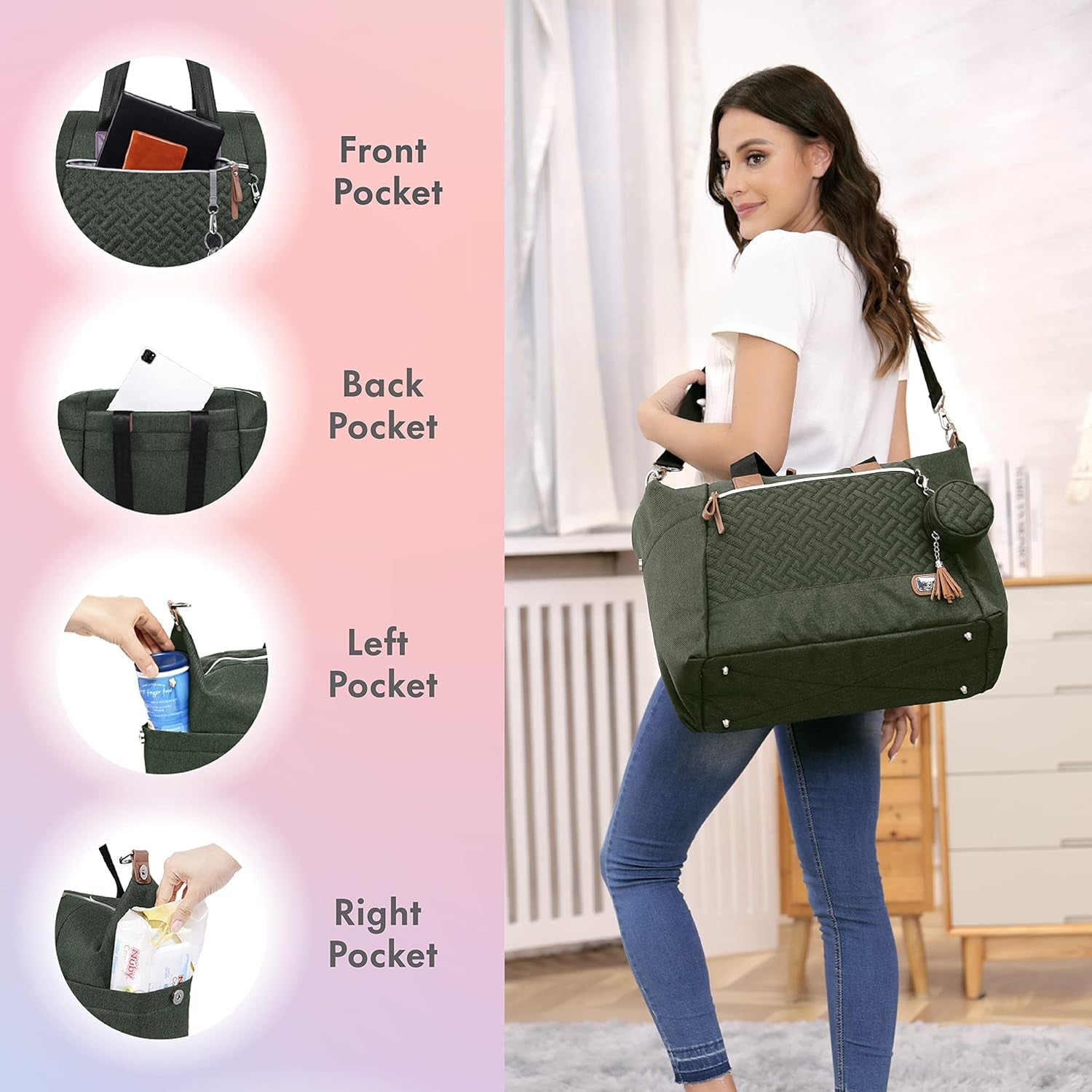 Baby Changing Bag, Large Nappy Bags for Mom and Dad, Stylish Travel Tote with Pacifier Holder and Changing Mat