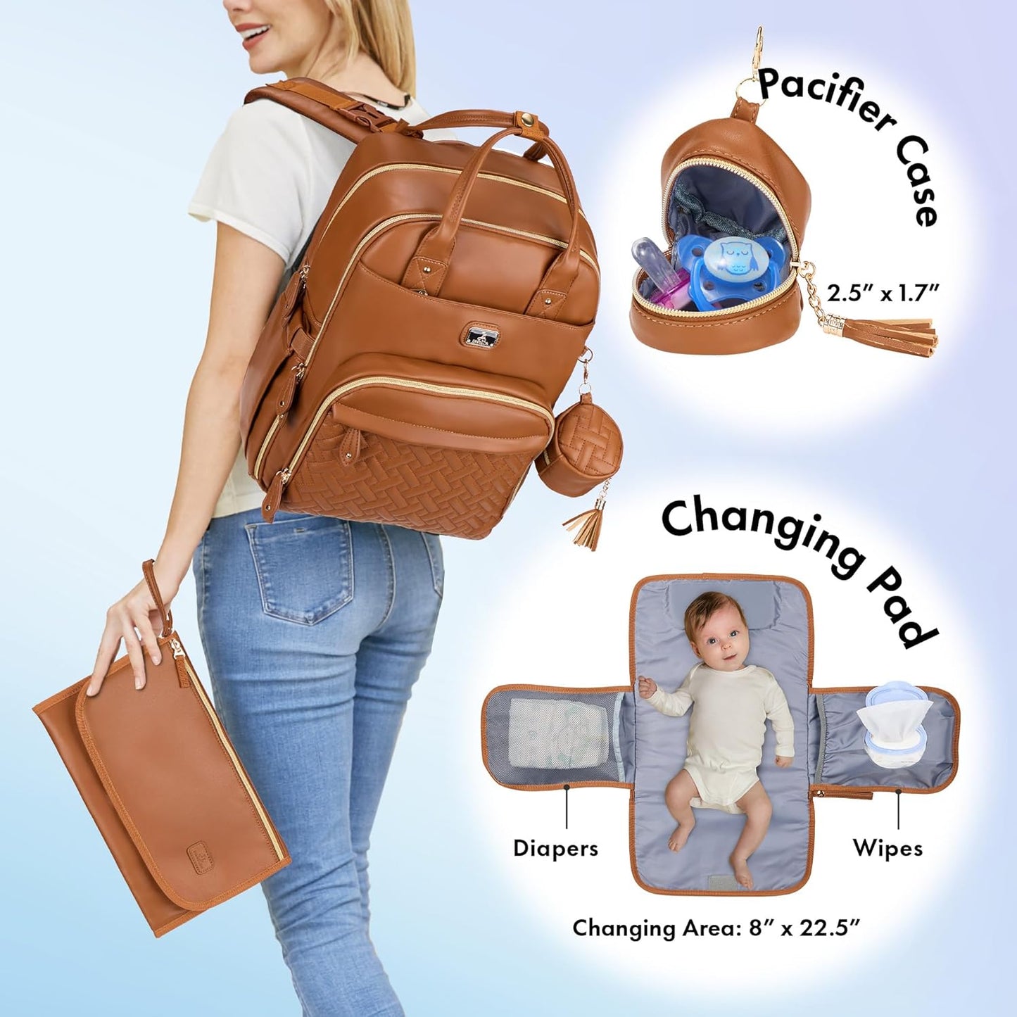Changing Bag Backpack, Large Nappy Back Pack Multifunction Baby Bags with Portable Changing Mat, Pacifier Holder, and Stroller Straps, for Mom and Dad