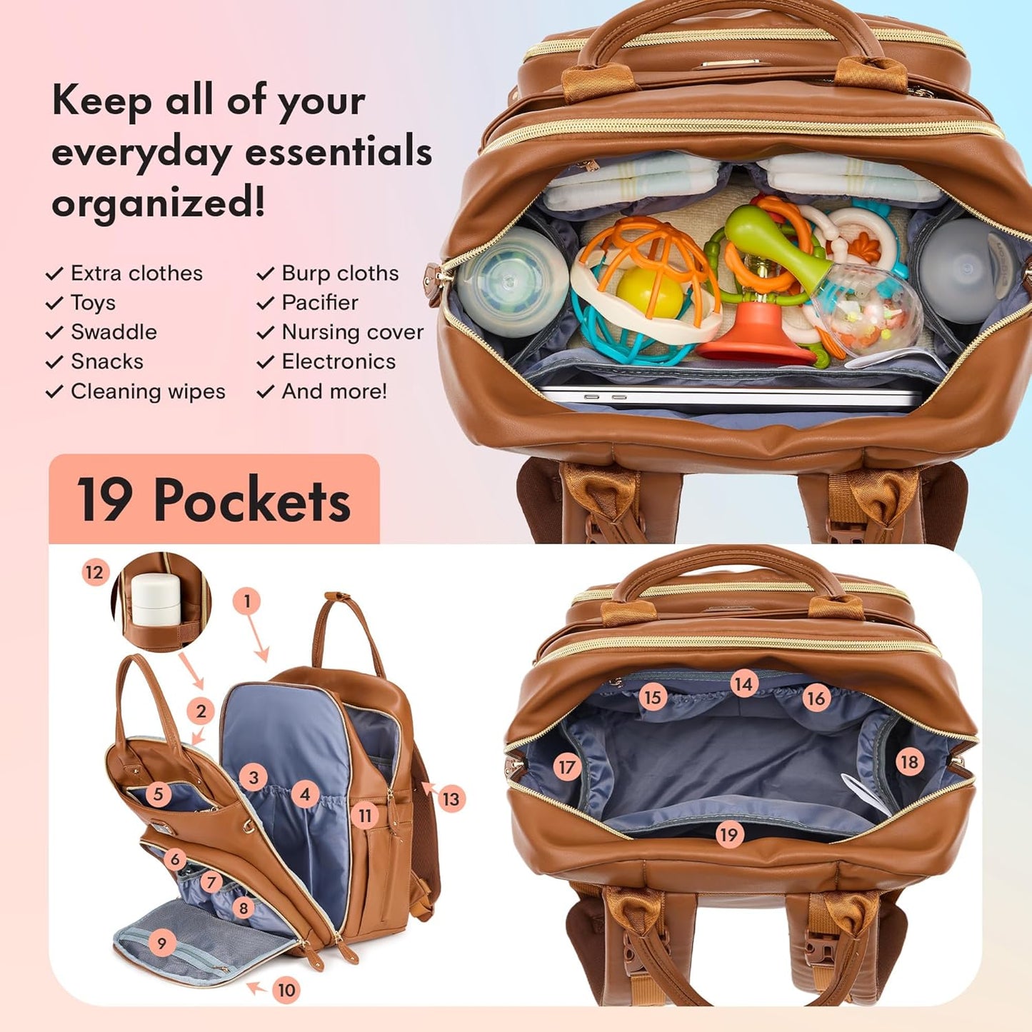 Changing Bag Backpack, Large Nappy Back Pack Multifunction Baby Bags with Portable Changing Mat, Pacifier Holder, and Stroller Straps, for Mom and Dad